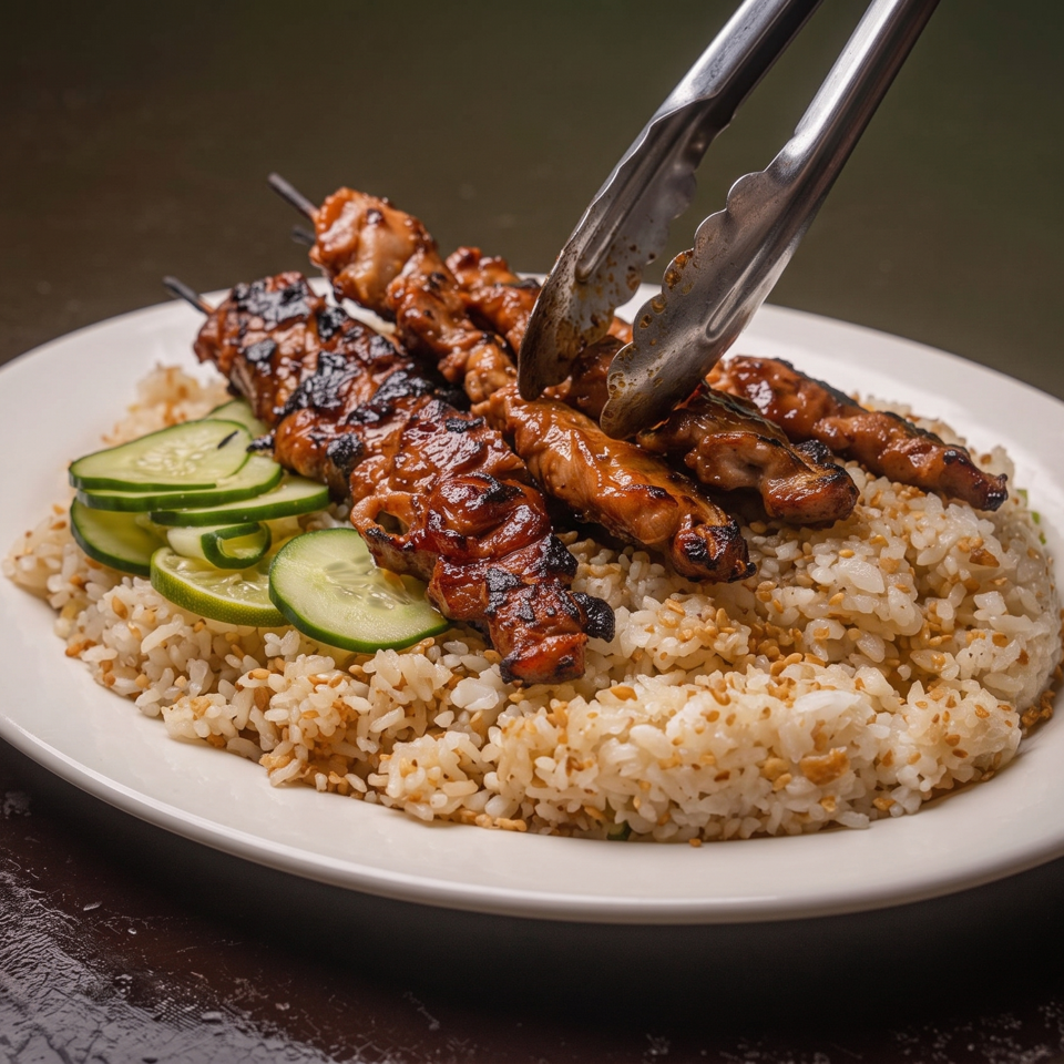 Glazed grilled meat skewers served over seasoned rice with sliced cucumbers, while metal tongs arrange the skewers.