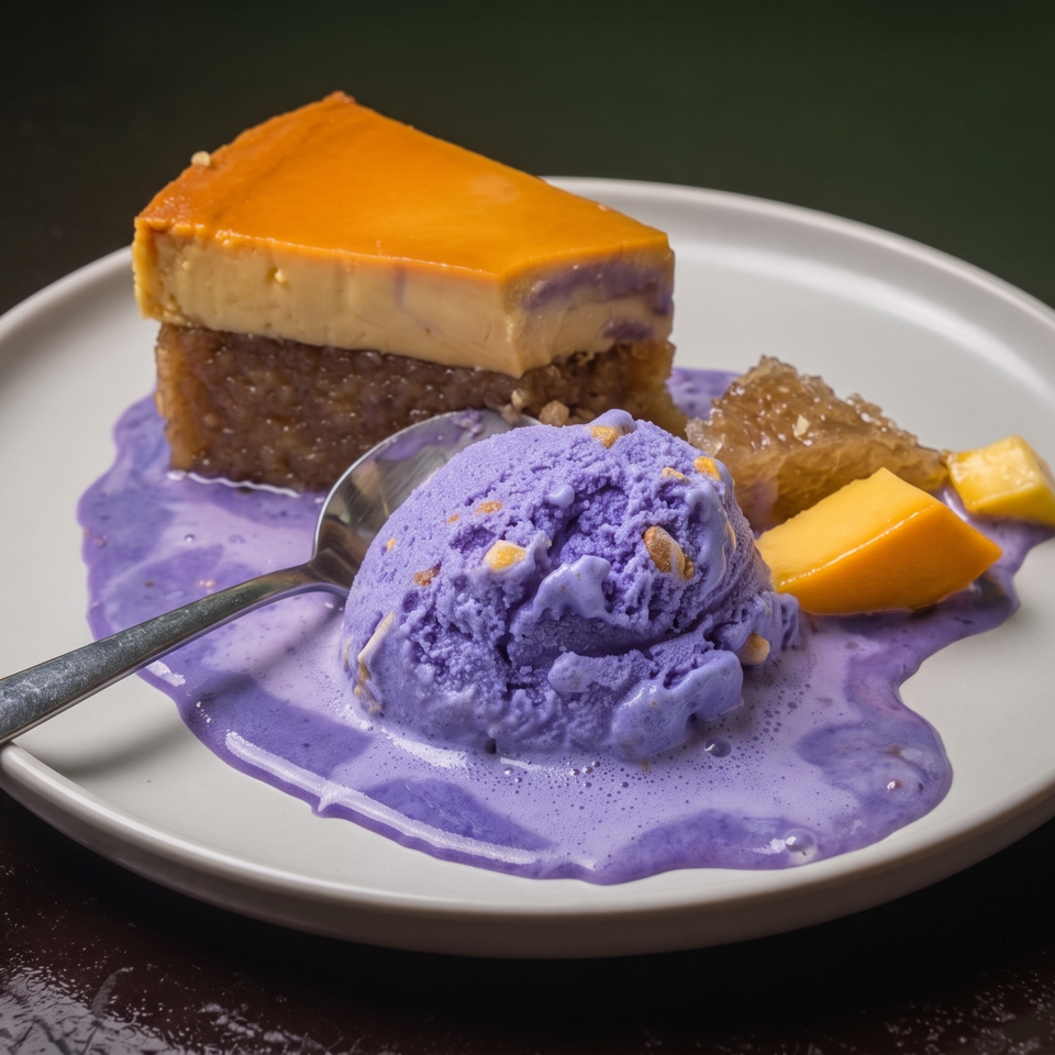 Purple ice cream with nuts, caramel dessert squares, and cake served on a white plate with a spoon.