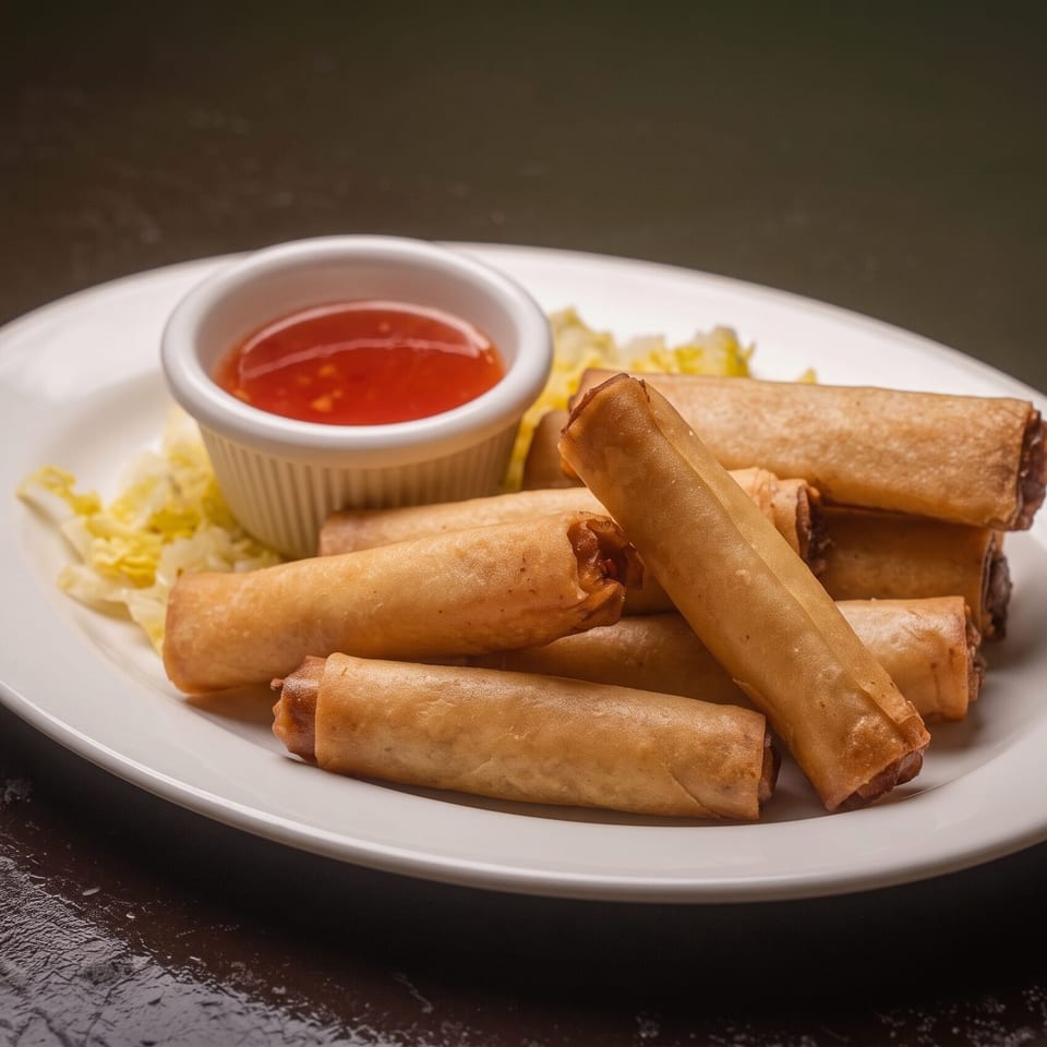 Plate of crispy spring rolls with shredded lettuce and a cup of red dipping sauce.