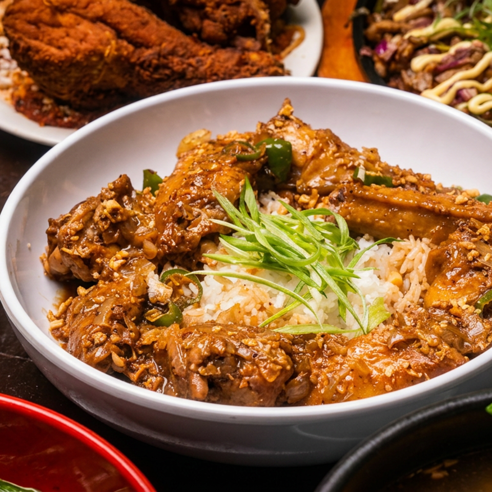 Bowl of saucy fried chicken over rice, garnished with scallions and peppers, surrounded by noodles, fried chicken, salad, and vegetables.