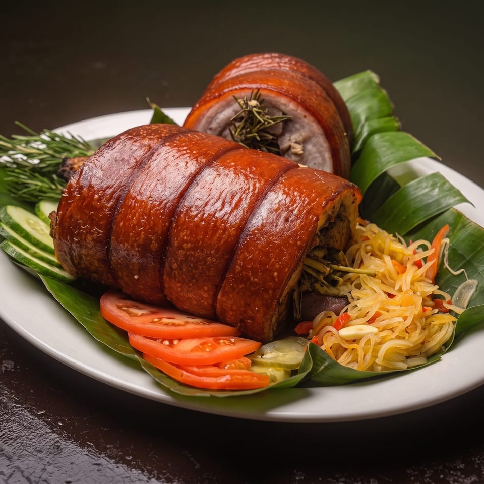 Glazed stuffed pork roulades garnished with herbs, tomatoes, cucumbers, and noodles on a banana leaf-lined plate.