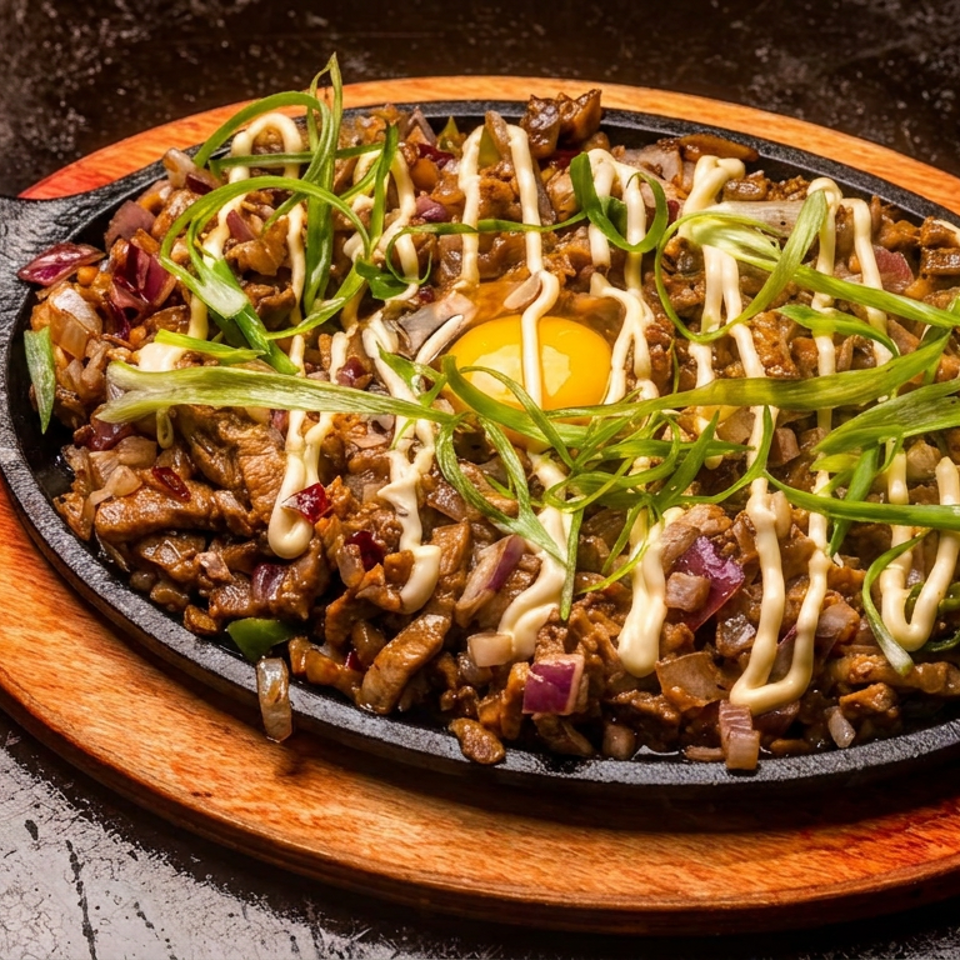 Sizzling skillet of seasoned meat and vegetables topped with a raw egg, green onions, sauce, and lemon wedge.