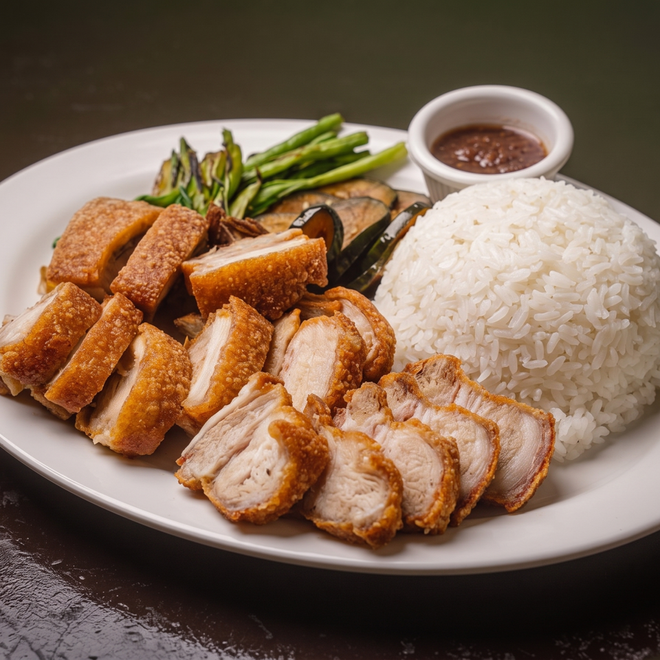 Thai-style platter with crispy pork and chicken, white rice, grilled vegetables, and dipping sauce on a white plate.