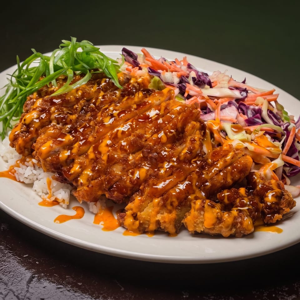 Crispy breaded chicken drizzled with brown and orange sauces, served with white rice, slaw, and greens on a white plate.